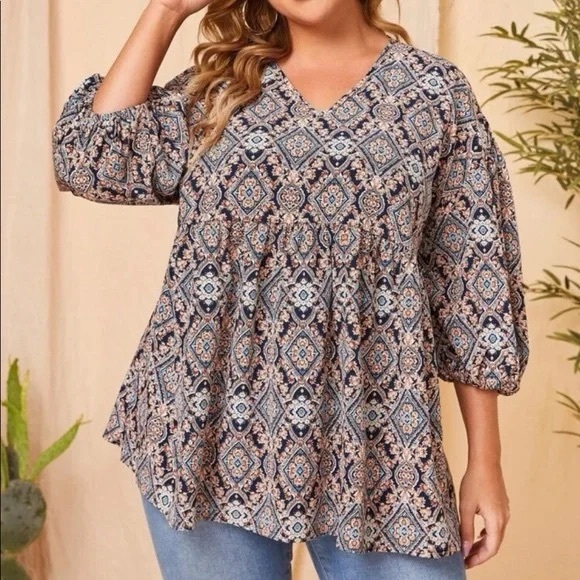 3xl SHEIN Curve Mandala print Bishop Sleeve babydoll top - Picture 1 of 4